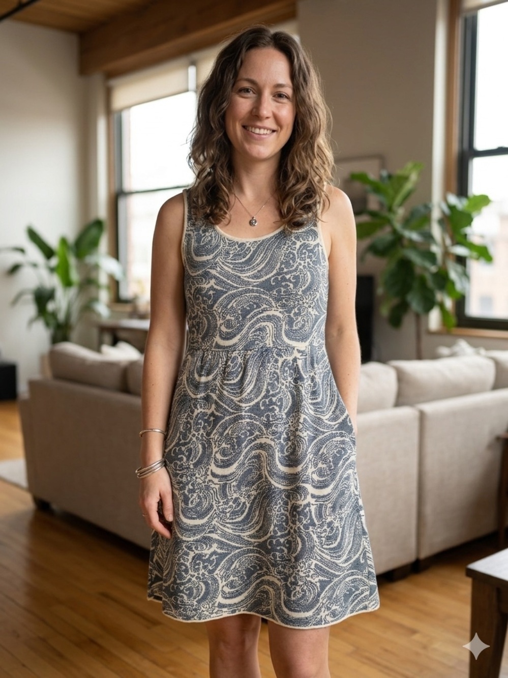 Peruvian Connection Blue and Cream Printed Mini Dress